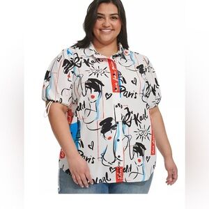 KARL LAGERFELD PARIS Women's Printed Bungee-Sleeve Button-Down Top xl